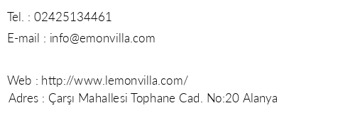 Lemon Villa Hotel telefon numaralar, faks, e-mail, posta adresi ve iletiim bilgileri